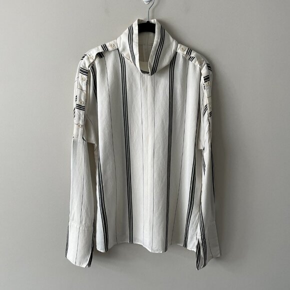 Tibi Striped Mock Neck Blouse Long Sleeve Casual White Black Small - Picture 2 of 11